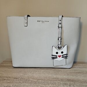 Karl Lagerfeld Greige Tote with Black And Silver Accents Cat Tag